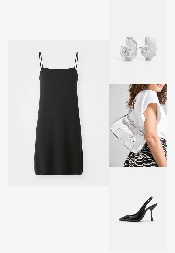 Fekete, ujjatlan ruha vékony pántokkal, puha anyagból készült. Egyenes szabású, térd fölé érő dizájn, egyszerű, egyszínű, minta nélküli.; Fekete bőr pántos cipő hegyes orral, karcsú magas sarkával és dekoratív masnival. Simaság és elegáns dizájn.; Ezüst fémes válltáska sima felülettel, ívelt formával, lánchordóval, és egy fényes elülső panellel, amelyen finom logógravírozás található.; Ez egy ezüst fülbevaló, amely áramló, spirális formatervezéssel rendelkezik. Simább textúrájú, fényes felületű. Diszkrét fényt biztosít, és nincsenek látható díszítések.