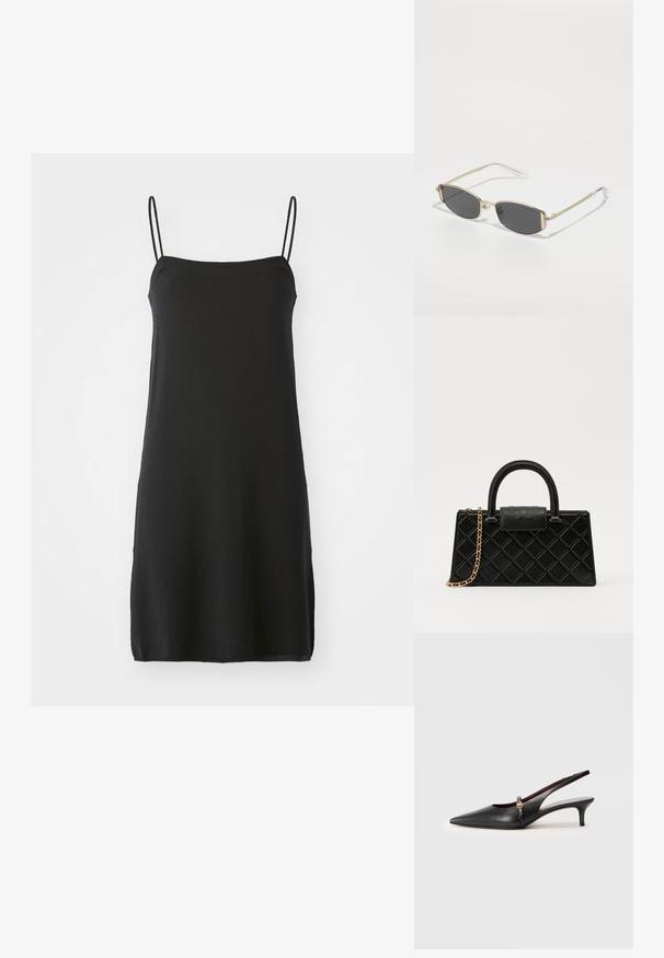Černé bezrukávové šaty s tenkými ramínky, vyrobené z měkké tkaniny. Rovný střih, délka ke kolenům, s jednoduchým, jednobarevným provedením bez vzorů.; Černé kožené sandály na podpatku s špičatou špičkou, tenkým podpatkem a zlatým akcentem u nártního pásku. Hladká textura a jednoduchý design.; Zlaté sluneční brýle oválného tvaru, s tmavě šedými skly a průhlednými stranicemi. Obsahují dekorativní akcenty na rámu.; Černá kabelka vyrobená z texturované kůže se vzorem diamantů, zlatě tónovaný řetízek, a horní rukojeť s klopou opatřenou embosovaným logem.