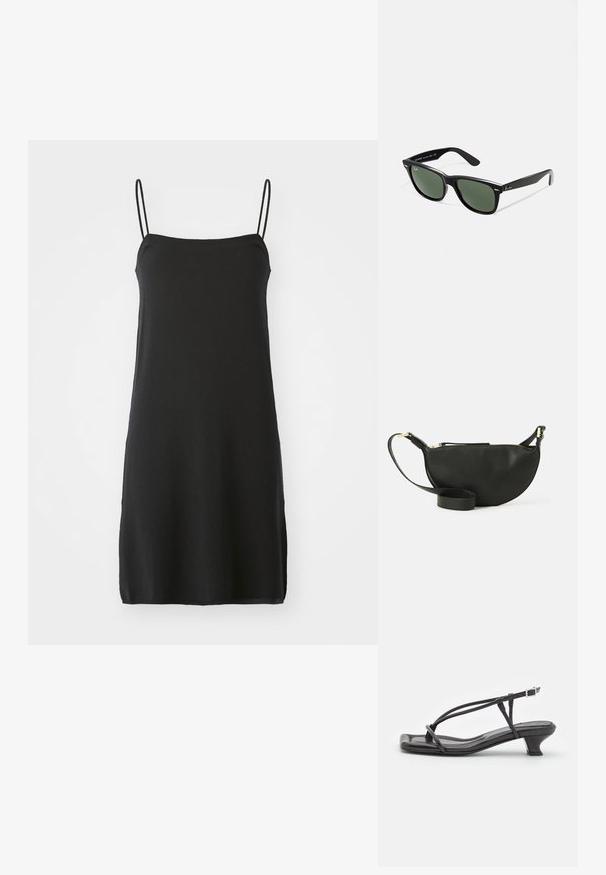 Vestido preto sem mangas com alças finas, confeccionado em tecido suave. Corte reto, com um comprimento até ao joelho, apresenta uma cor sólida simples, sem padrões.; Sandal de couro preto com tiras finas, salto bloco baixo e biqueira quadrada. Apresenta um fecho de fivela e textura suave.; Óculos de sol de plástico preto com lentes verdes, armações quadradas, detalhe prateado na sobrancelha e hastes texturizadas. Marca indicada na parte interna da haste.; Bolsa transversal de couro preto com formato de meia-lua, superfície texturizada, fecho dourado e alça plana. Design compacto adequado para itens essenciais.