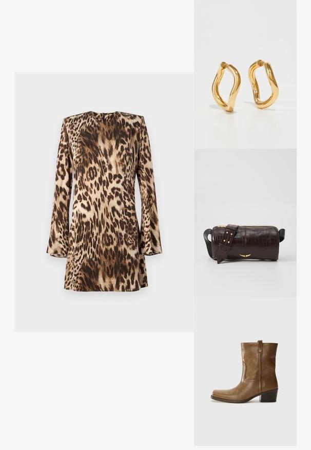 Lauva raksta kleita ar garām piedurknēm, apaļu kakla izgriezumu un gludu, satīnu līdzīgu tekstūru bēša un brūna toņos.; Brūnas ādas potītes zābaki ar kvadrātveida degunu, struktūru apdari un zemu sakrautu papēdi. Ir aizmugurējais cilpiņu un smalkas šūšanas detaļas.; Brūna krokodila ādas soma ar cilindrisku formu, zelta toni aparatūru un noņemamu siksnu ar studiem.; Zelta krāsas gredzenveida auskari ar izliekta, nepareiza formu un gludu, pulētu tekstūru. Nav redzamu detaļu vai akcentu.