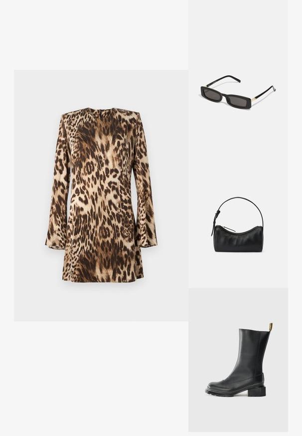 Leopardo rašto suknelė su ilgomis rankovėmis, apvalia iškirpte ir lygiu, satino tipo tekstūra smėlio ir rudos spalvose.; Juodas odinis kulniukas su stačiu kulnu, lygiu paviršiumi, apvaliu pirštu ir kulno kilpa su geltonu ženklinimu.; Juodos stačiakampės akinių nuo saulės su tamsiais lęšiais, blizgančiais plastikinių rėmų ir auksiniais akcentais ant šventyklų. Minimalistinis dizainas ir elegantiška forma.; Juodas odinis petinis krepšys su kreivėmis, užtrauktuko uždarymu ir plonu dirželiu. Pasižymi lygiu paviršiumi ir subtiliais siuvinėjimo akcentais.