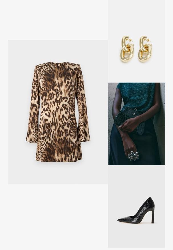 Leopardimustriga kleit, millel on pikad varrukad, ümar kaelus ja sujuv, satiinilaadne tekstuur beeži ja pruuni toone.; Mustan teravaotsaga kõrge kontsaga king, millel on krokodillimustriga tekstuur, stiilne disain, kõrge stilettokonts ja sile must sisesisustus.; Must musta tihe-must reptiili nahast pidulik kott hõbedaste detailidega, mille taustal on tekstuuriline hall taust. Omab läikivat pinda.; Rabanne XL LINK DOUBLE HOOP EARRINGS - Kõrvarõngad - gold-coloured