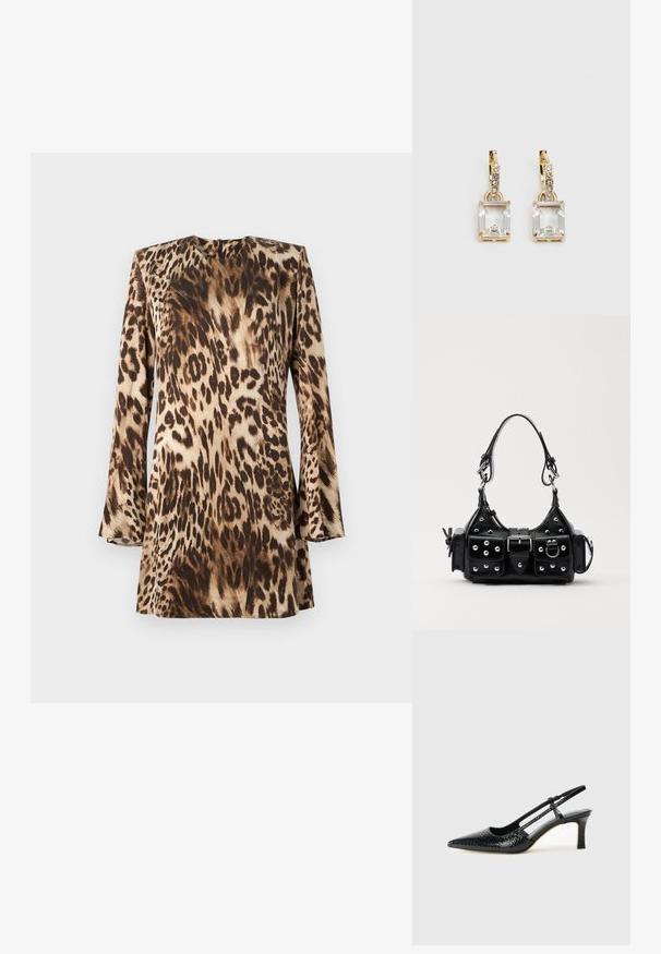 Luipaardprint jurk met lange mouwen, ronde hals en een gladde, satijnen textuur in tinten van beige en bruin.; Zwart patent slingback hak met een spitse neus, voorzien van een gestructureerde slangenprint, verstelbare band en een korte, gestructureerde blokhak.; Zwarte lederen handtas met een gebogen ontwerp, voorzien van zilveren studs, een gesp en twee zijvakken. Verstelbare schouderband voor verschillende draagmogelijkheden.; Gouden oorbellen met een rechthoekige, heldere kristal die onder een rij kleine, ronde heldere accenten hangt. Strak, modern ontwerp.