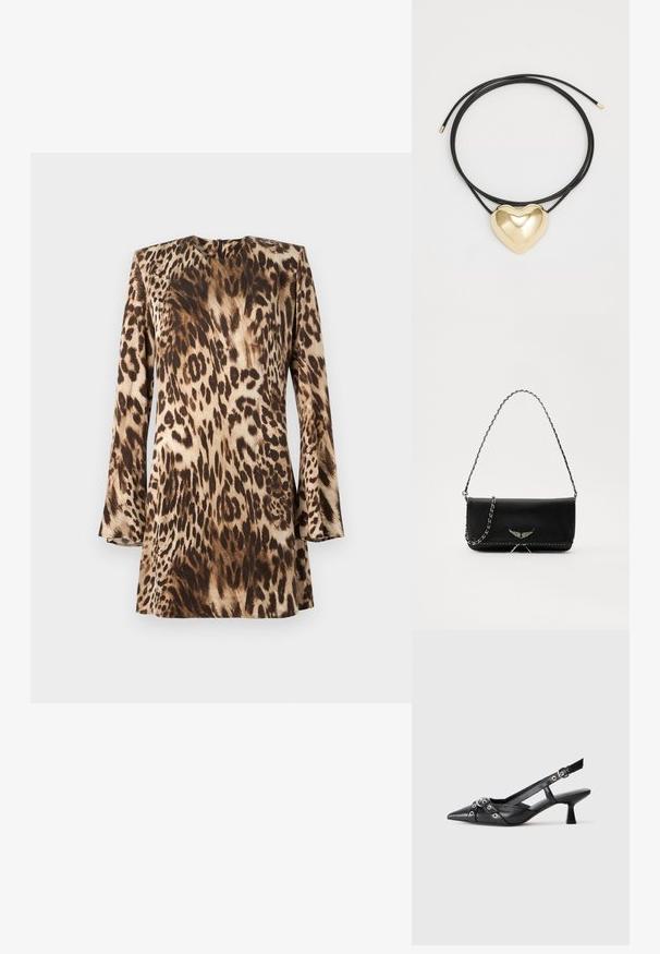Luipaardprint jurk met lange mouwen, ronde hals en een gladde, satijnen textuur in tinten van beige en bruin.; Zwarte leren slingback schoen met een puntige neus, decoratieve banden met metalen oogjes en een lage blokhak. Textuur oppervlak.; Zwarte leren handtas met een zilveren kettingband, voorzien van decoratieve vleugelaccenten en witte stiksels langs de onderste naad.; Zwarte gevlochten koordketting met een gepolijste gouden hartbedel met zachte lijnen en een glanzende afwerking.
