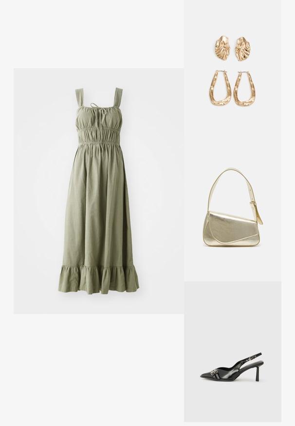 Olivovo zelené maxi šaty vyrobené z ľahkej tkaniny, s nastaviteľnými ramienkami, elastickým pásom a nariadeným volánom v spodnej časti.; Čierne lakované kožené slingback topánky s špicatou špičkou, remienkami okolo členku s striebornými prackami a hardvérom, a štíhlým podpätkom.; Zlatá metalická kabelka so štruktúrovaným dizajnom, hladkou textúrou a nastaviteľným popruhom. Obsahuje jedinečný trojuholníkový tvar a minimalistické šitie.; Náušnice v zlatej farbe s textúrovanými, vlnitými tvarmi. Obsahujú sochárske klipsové náušnice a otvorený tvar krúžku s kladivkovým povrchom.