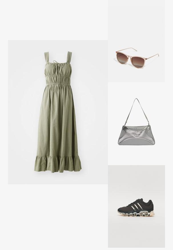 Maslinasto zeleni maksi haljina izrađena od laganog materijala, s podesivim trakama, elastičnom strukom i naboranim volanima na rubu.; Crne atletske tenisice s teksturiranim gornjim dijelom, tri srebrne pruge i posebnim potplatom s višestrukim integriranim sekcijama.; Smeđe gradient sunčane naočale s prozirnim ružičastim okvirom, kvadratnog oblika i tankim metalnim ručkama. Imaju zaobljene ivice i minimalne detalje.; Srebrna metalik torba s elegantnim, strukturiranim dizajnom, koja ima teksturirano tijelo, naramenicu i istaknut logotip.