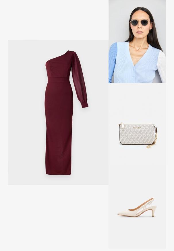 Burgundská večerná toaleta s jedným ramenom, vyznačujúca sa priliehavou korzetou a dlhým, priesvitným balónovým rukávom. Hladká textúra, dĺžka po zem.; Biele slingback topánky na podpätku s ostrou špičkou, hladkým vrchným materiálom, nízkym blokovým podpätkom a bočným výrezom s nastaviteľným remienkom na pracku.; Okrúhle slnečné okuliare s tmavými šošovkami a zlatým rámom. Modelka má na sebe svetlomodrý pletený kardigán s gombíkmi a bielymi rukávmi v kontraste.; Michael Kors zápästná taška v béžovej potiahnutej plátenej tkanine s opakujúcim sa vzorom loga MK, zlatým kovania a odnímateľným reťazovým popruhom.