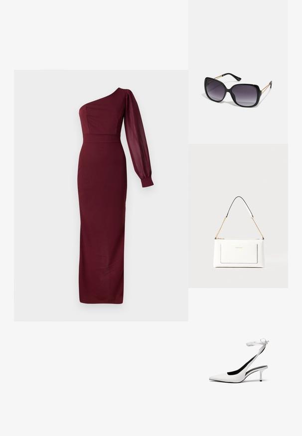 Bordo večernja haljina s jednim ramenom, sa prilagođenim korzetom i dugim, prozirnim balon rukavom. Glatka tekstura, do poda.; Bijele cipele s otvorenim petama s oštrim vrhom i tankim remenom oko gležnja. Glatki kožni materijal, tanki stileto potplat i crna unutarnja obloga.; Crne prevelike sunčane naočale s gradijentnim lećama, debelim okvirom i zlatnim lancem kao detaljem na krakovima.; Bijela kožna torba s teksturiranim završetkom, koja ima zlatni lančić i crne akcentne detalje. Uključuje prednji džep i zatvaranje na patentni zatvarač.