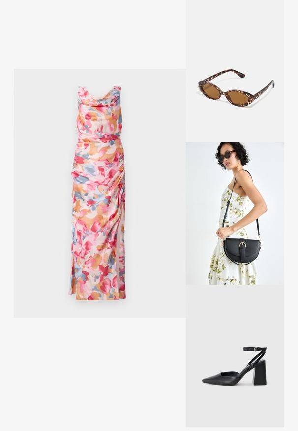 Šaty s květinovým potiskem v růžových, oranžových a modrých tónech, s volným výstřihem a na boku nařasením, vyrobené z lehké látky.; Černé kožené lodičky se špičatou špičkou, kotníkovým páskem a silným podpatkem. Hladká textura, elegantní design a minimalistická estetika.; Sluneční brýle s želvovinovým vzorem a oválnými skly, hnědě tónovanými, tenké nožičky s texturovaným vzorem, lehký plastový rám.; Černá kožená kabelka s křivkovým tvarem, odnímatelným popruhem a zlatými detaily. Kabelka má klopu s přezkou.