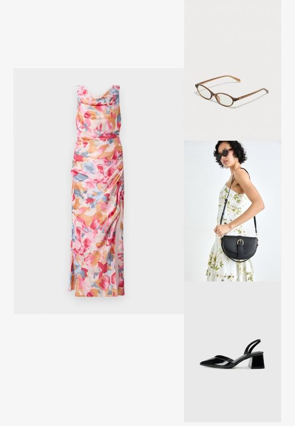 Blomstertrykt kjole i rosa, oransje og blå nyanser, med drapert utringning og rynk langs siden, laget av lett materiale.; Svarte patentlær slingback hæler med spiss tå og geometrisk blokk hæl. Har et stilrent, minimalistisk design og jevn tekstur.; Brune skjellbriller med ovale linser, tynne stenger og gjennomsiktige detaljer. Har en subtil logo på stangen. Elegant, lett design.; Svart lærveske med en buet form, avtagbar stropp og gullbeslag. Vesken har et klaff med spenne-detall.