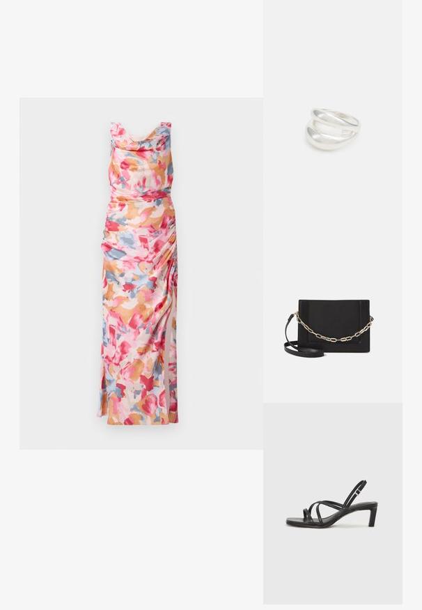 Vestido de estampado floral en tonos rosa, naranja y azul, con escote drapeado y fruncido a lo largo de un lado, hecho de una tela ligera.; Sandalia negra de tiras con punta cuadrada y tacón bajo de bloque. Presenta múltiples tiras delgadas y una correa ajustable en el tobillo. Fabricada en cuero suave.; Bolso cruzado de piel negra con textura suave, forma rectangular y un detalle de cadena metálica en el frente. Incluye una correa ajustable.; Anillo de plata de doble banda con una superficie lisa y pulida. Presenta un diseño fluido y curvado con secciones superpuestas para un aspecto moderno.