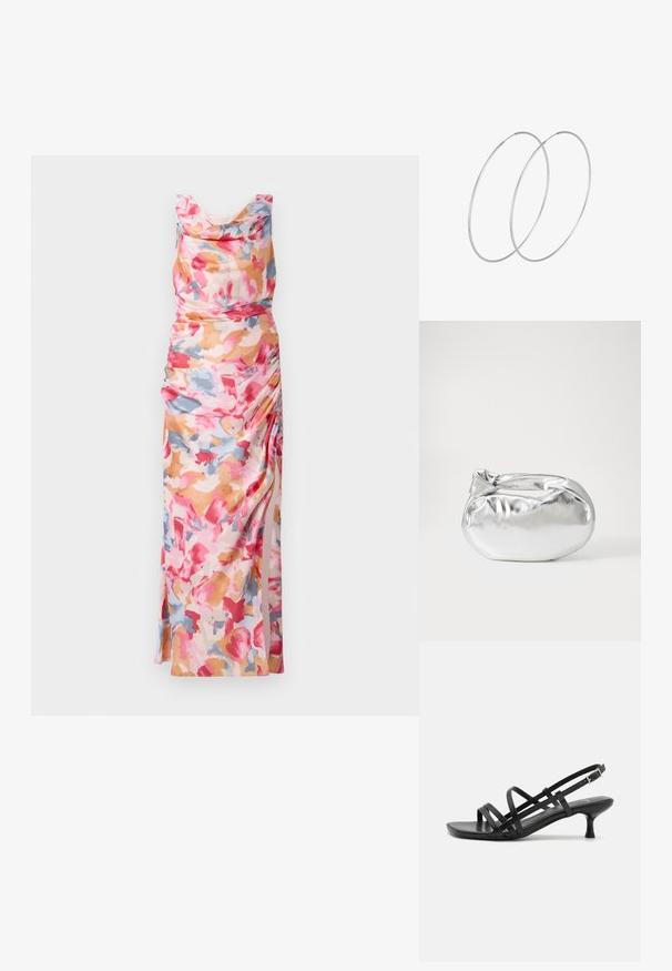 Blumenbedrucktes Kleid in Rosa-, Orange- und Blautönen, mit drapiertem Ausschnitt und Raffung an der Seite, aus leichtem Stoff gefertigt.; Schwarze High Heels Sandalen mit mehreren überkreuzten Riemen. Glattes Material, spitze Zehenpartie und schmaler Absatz. Verstellbarer Knöchelriemen mit Schnalle.; Silberne metallic Pouch-Tasche mit einer sanften, abgerundeten Form und einem geknoteten Verschluss oben. Hergestellt aus glattem Kunstleder.; Silberne Creolen mit minimalistischem Design. Rundform, glatte Oberfläche und dünnes Profil. Leichtgewichtig mit hochglänzender Oberfläche.