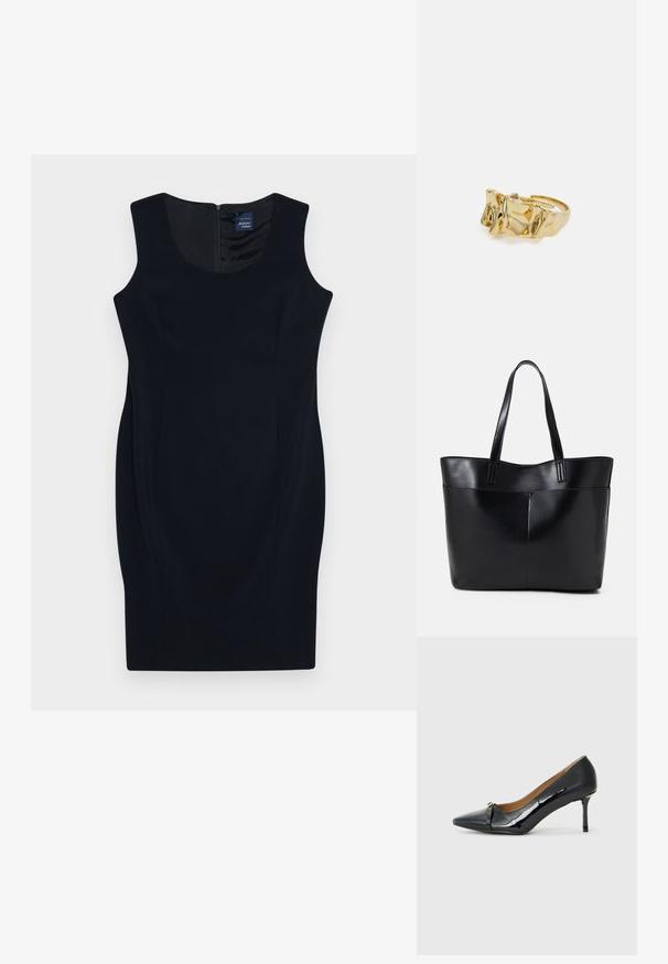 Juoda suknelė be rankovių su apvaliu iškirpimu, prigludusi forma ir užtrauktuku nugaroje. Pagaminta iš lygaus, nepermatomo audinio.; Juodas lakinės odos aukštakulnis batelis su smailiu pirštu, dekoratyviu dirželiu priekyje ir plonu stiletu.; Juoda odinė rankinė su dviem ilgais diržais, lygiu paviršiumi ir struktūrizuota forma. Yra priekinė kišenė papildomam saugojimui.; Aukso žiedas su tekstūruotu, banguotu dizainu, turintis tris iškilias viršūnes. Lygus, blizgus paviršius su atviromis juostelėmis, leidžiančiomis reguliuoti dydį.