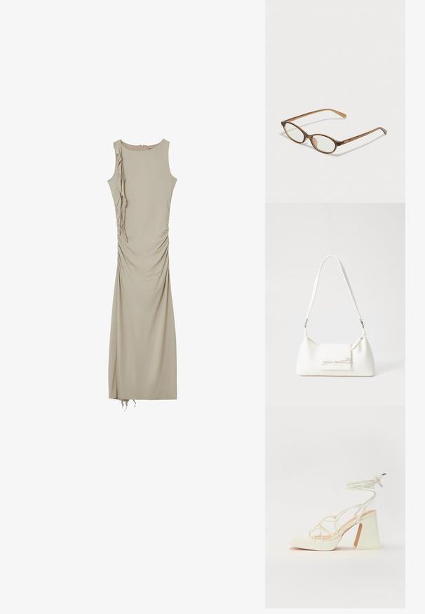 Robe sans manches beige, longueur genoux, avec des fronces sur les côtés et un détail de volants décoratif sur le côté gauche. Tissu lisse et léger.; Sandale blanche à talons hauts avec un talon épais, présentant un design à lanières et un lien autour de la cheville. Texture lisse avec une plateforme à l'avant pour une hauteur supplémentaire.; Lunettes en écaille de tortue marron avec des verres ovales, des branches fines et des accents transparents. Présente un logo subtil sur la branche. Design élégant et léger.; Sac à main synthétique blanc en forme triangulaire, avec un rabat avant plat et un détail en nœud, une bandoulière ajustable, une texture lisse et un design minimaliste.