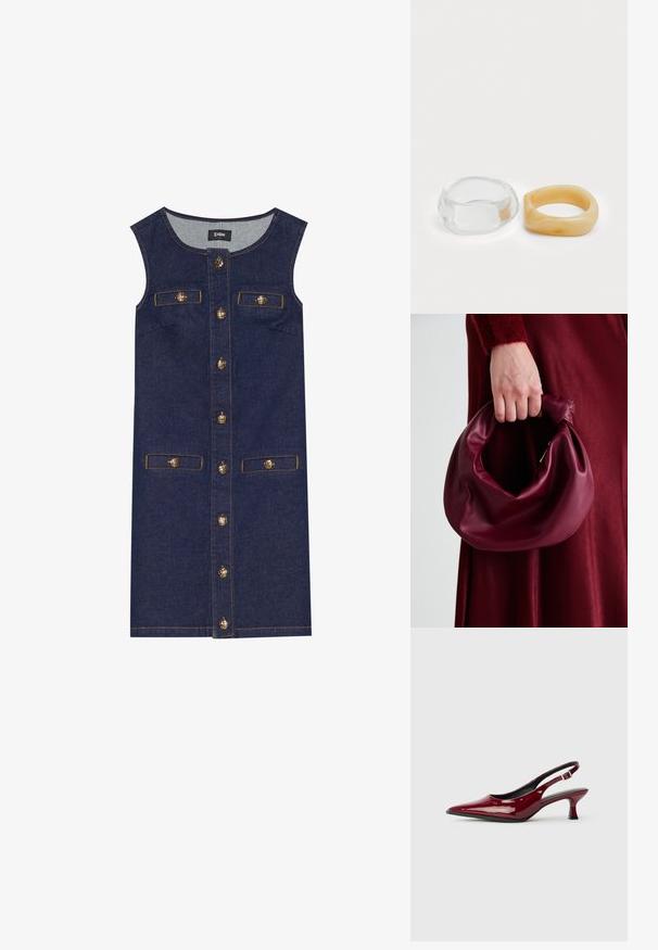 Farmernadrág ruha ujj nélküli kivitelben, sötétkék színben, elöl gombos záródással és két zsebbel. Aranyszínű gomb részletek és dísztűzések emelik ki.; Burgundi színű, lakkbőr, hátsó pántos magassarkú cipők, hegyes orral és elegáns tűsarkakkal. Nyitott hátsó dizájn, állítható bokapánttal.; Burgundi bőrtáska puhán ráncolt dizájnnal és kerek alakban. A fogantyú rögzítve van, sima textúrával rendelkezik.; Tiszta és borostyán színű gyanta gyűrűk, az egyik sima és átlátszó, a másik texturált, borostyán bevonattal rendelkezik. Mindkettő kerek, tömör formatervezésű.