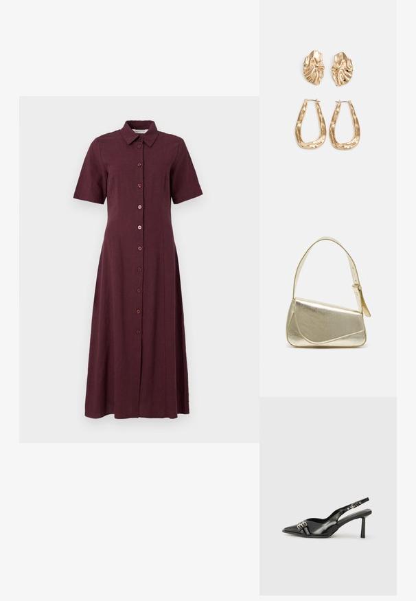 Burgunderfarget skjorte-kjole med korte ermer, krage og helskjørt med rett silhuett og glatt stoffstruktur.; Sorte patentlær slingback-sko med spiss tå, ankelremmer med sølvspenner og detaljer, og en slank hæl.; Gullfarget metallisk håndveske med en strukturert design, glatt tekstur og justerbar stropp. Har en unik trekantet form og minimalistisk søm.; Gullfargede øredobber med teksturerte, bølgete former. Inkluderer skulpturelle klipsstuds og åpen hoop-design med en hamret finish.
