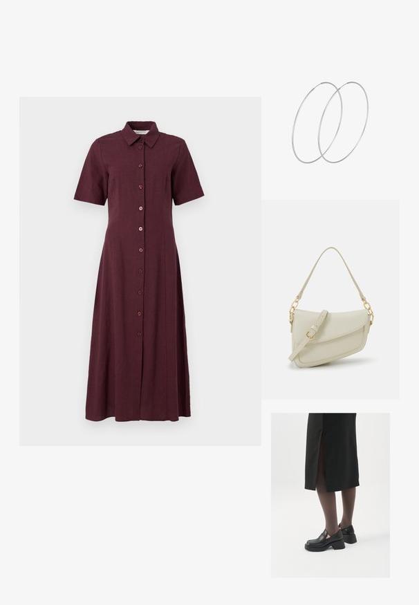 Bordo spalvota marškininė su trumpomis rankovėmis, apykakle ir viso ilgio sijonu su tiesia siluetu bei lygaus audinio tekstūra.; Juodos odinės bateliai su apvaliu nosiu, stora blokine pakulne ir elastingais šonais, derinami su tamsiomis pėdkelnėmis ir juoda sijonu su plyšiu.; Mažas kreminis rankinukas su tekstūruotu paviršiumi, ilga reguliuojama juostele, grandinėle ir užsegimu su atvartu. Aukso detalės.; Sidabrinės pusmėnulio auskarai minimalistiniu dizainu. Apskritimo forma, lygus paviršius ir plonas profilis. Lengvi su poliruotu apdailu.