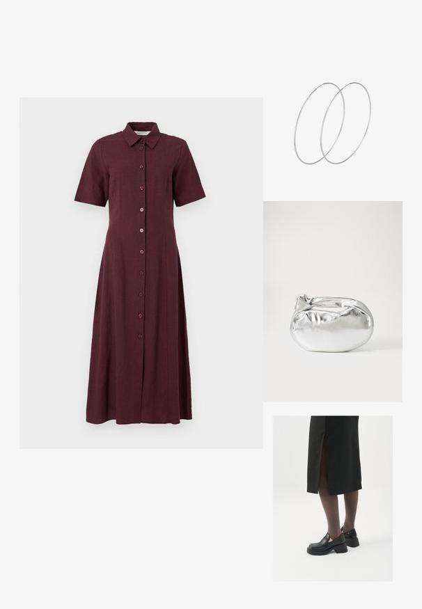 Bordeaux skjortklänning med korta ärmar, krage och en hel längdkjol med rak silhuett och slät tygkvalitet.; Svarta läderskor med rund tå, tjock klack utan häl och elastiska sidodetaljer, kombinerat med mörka strumpbyxor och en svart kjol med slits.; Silverfärgad metallisk påse med en mjuk, rundad form och en knutstängning upptill. Tillverkad av ett mjukt material i konstläder.; Silverfärgade hoopörhängen med en minimalistisk design. Cirkulär form, slät yta och tunn profil. Lätta med en polerad finish.