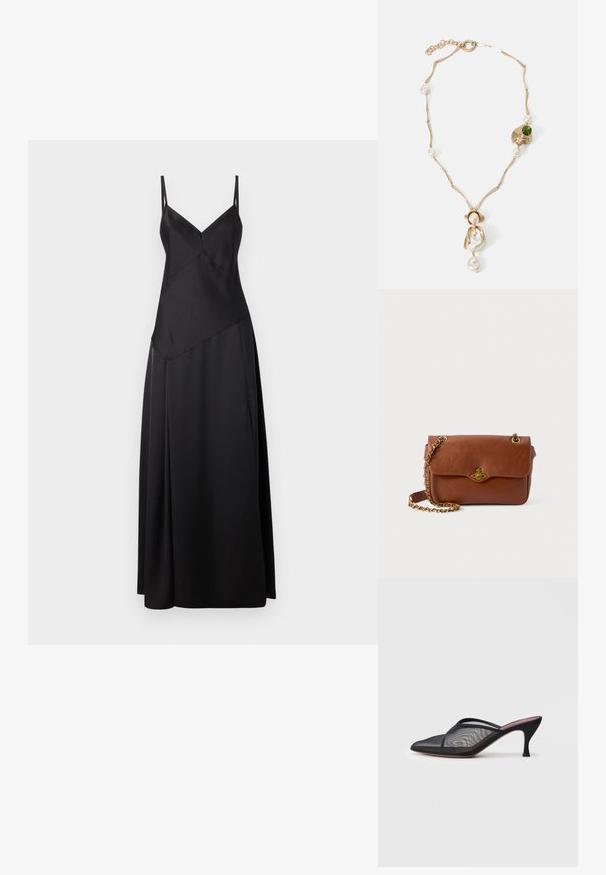 Fekete selymes maxi ruha vékony, állítható pántokkal, geometrikus mintázattal és folyó sziluettel. Simás textúra matt felülettel.; Fekete hálós mules cipő hegyes orral, vékony pántokkal és 3 hüvelykes tűsarkúval. Átlátszó textúrával és egyszínű talppal rendelkezik.; Barna bőr keresztpántos táska hajtószorítással, arany színű fémrészekkel és lánc pánttal. Simább textúra, téglalap alakú, minimális díszítéssel.; Arany színű nyaklánc csavart láncszemekkel, fehér gyöngyökkel és zöld kő díszítéssel. Bonyolult részletekkel rendelkezik, és zárómechanizmussal van ellátva.