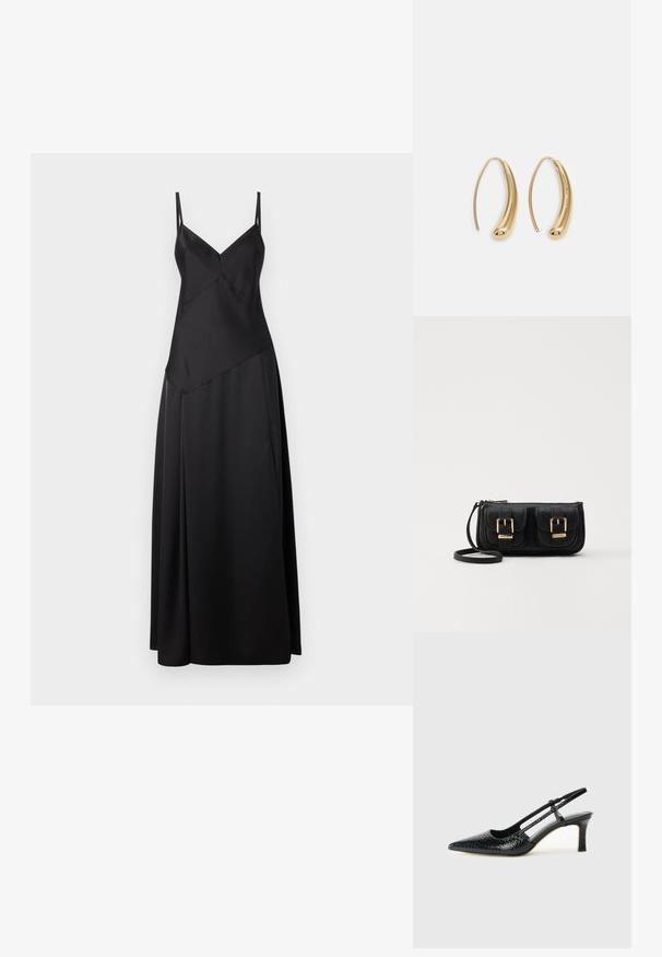 Robe maxi en satin noir avec de fines bretelles réglables, ornée d'un design géométrique et d'une silhouette fluide. Texture lisse avec une finition mate.; Escarpin slingback en vernis noir avec un bout pointu, présentant un imprimé serpent texturé, une sangle réglable et un petit talon bloc texturé.; Sac en cuir noir porté en travers avec deux poches avant, boucles dorées, fermeture zippée et une sangle fine. Surface texturée et forme rectangulaire compacte.; Boucles d'oreilles en métal doré en forme d'anneau, avec une forme courbée et allongée. Elles présentent une surface lisse et brillante avec une pointe arrondie pour un détail supplémentaire.