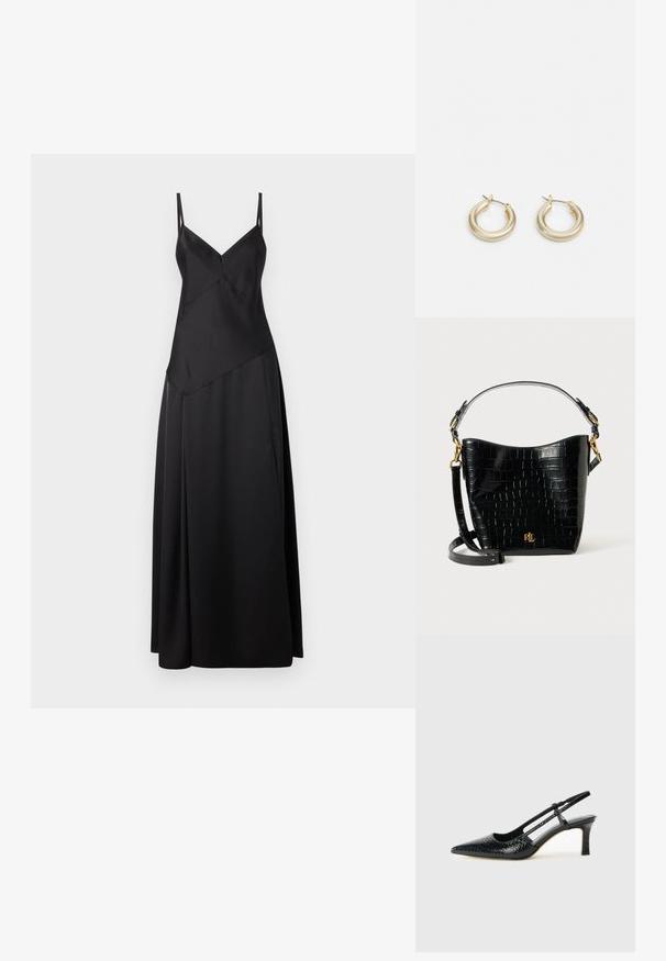 Mustmust kleit õhukeste reguleeritavate nappide õlapaeltega, millel on geomeetriline disain ja voolav siluett. Sile tekstuur ja mati viimistlusega.; Mustmust paelad, millel on terav varvas, tekstuuriga maduprindiga, reguleeritav rihm ja lühike tekstuuriga plokknina.; Mustad krokodillimustriga must nahast kott, millel on kõver kuju, kuldse riistvara aktsessid, reguleeritav rihm ning logodetail esiosas.; Lauren Ralph Lauren BASIC SMALL HOOP - Kõrvarõngad - gold-coloured