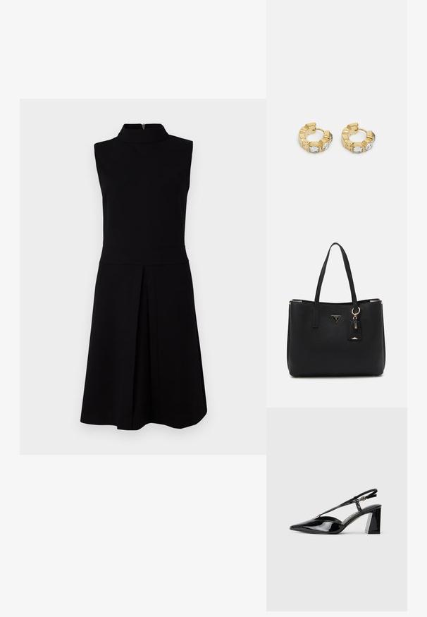 Vestido preto sem mangas com gola alta, corpete ajustado e saia plissada. Tecido suave com fecho de zíper nas costas.; Sapatos de salto alto em couro verniz preto, com biqueira pontiaguda, tira ajustável e salto retangular robusto.; Mala tote preta feita de material sintético texturizado, com duas alças, uma placa de logótipo dourada e uma etiqueta pequena com um detalhe em acento.; Brincos de argola dourados com um design texturizado e três cristais transparentes em um lado, oferecendo uma estética geométrica moderna.