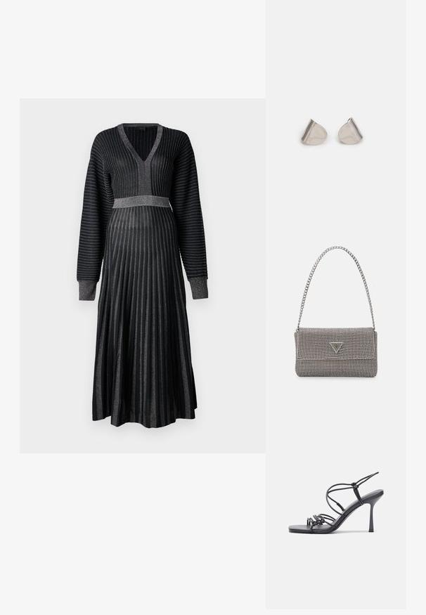 Schwarzes Kleid mit langen Ärmeln, V-Ausschnitt und plissiertem Rock. Mit glitzernden Streifen strukturiert, tailliertem Oberteil und breitem Bund an der Taille.; Schwarze, hochhackige Sandalen mit dünnen Riemen und einem geknoteten Design, einer glatten, rechteckigen Zehenpartie und einem eleganten Stiletto-Absatz.; Hellegraue metallische Handtasche mit einer Kettenriemen, verziert mit kleinen kreisförmigen metallic Nieten und einem dreieckigen Markenlogo.; Silberne Metalohrringe mit einer glatten, tröpfchenförmigen Form und einer polierten Oberfläche. Subtile Gravuren fügen Details hinzu. Minimalistisches Design.