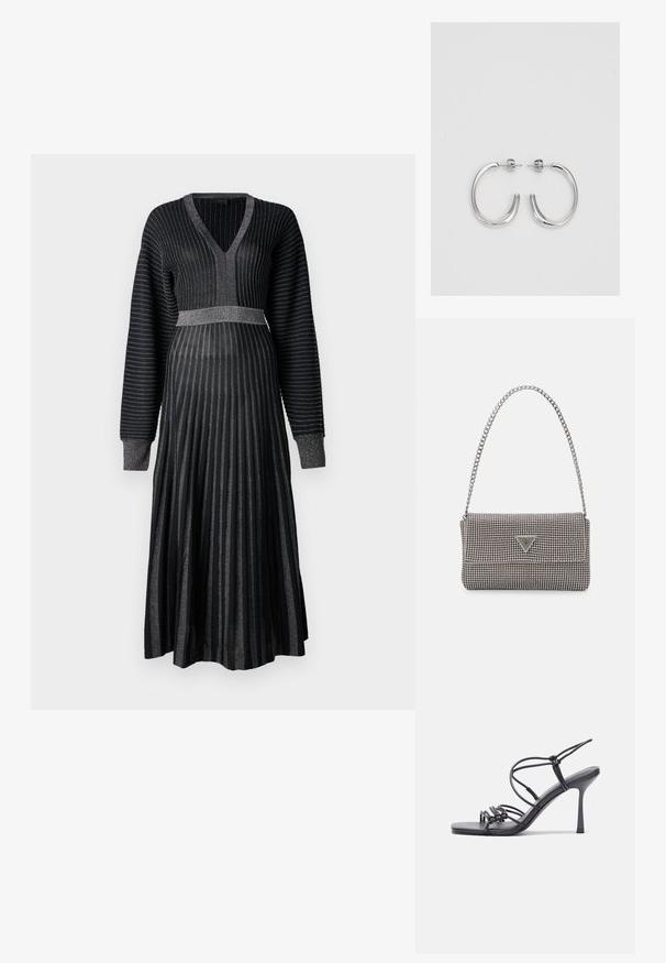 Musta mekko pitkilla hihoilla, V-kaula-aukko ja poimutettu hame. Teksturoitu kimaltavilla raidoilla, istuva yläosa ja leveä vyökohtaa.; Mustat korkokengät sandaalit, joissa on ohuet hihnat solmittuna, sileä neliön muotoinen varvasosa ja tyylikäs stiletto-korko.; Vaalea harmaa metallinen käsilaukku, jossa on ketjusanka. Laukku on koristeltu pienillä pyöreillä metallikoruilla ja kolmion muotoisella brändilogolla.; Hopehopeet hopehopeet hopehopeet hopehopeet, jolla on sileä, kiiltävä pinta. Pyöreä muoto, kevyt rakenne, jossa on neulakiinnitys.
