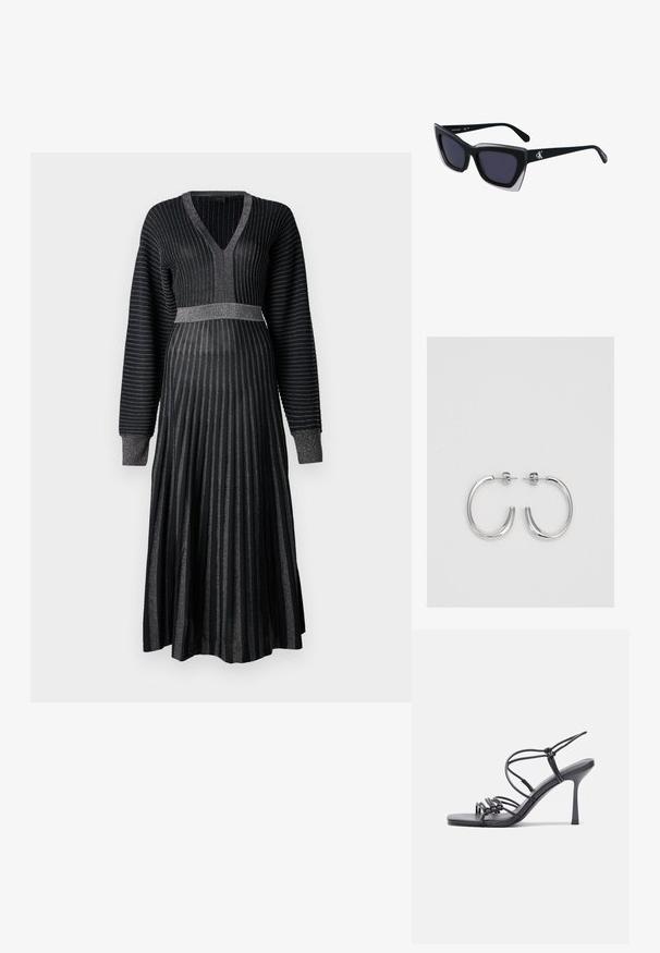 Mustas kleit, millel on pikad varrukad, V-kaelus ja plisseeritud seelik. Tekstuuriga, millel on sädelevad triibud, taljeosa on kehaäärtav ja vöökoht on lai band.; Mustad musta värvi kontsandaalid on varustatud peente rihmadega, millel on sõlmekujundus, siledad ruudukujulised varbad ja stiilne stilettokonts.; Mustad suured mustad prillid geomeetrilise kujuga, tumedate läätsedega ja kontrastse halli detailiga raamidel. Logo käe peal.; Hõbedased rõngaskõrvarõngad, millel on sile ja läikiv pind. Ümar kuju, kerge disain, millel on post-tagumise kinnituse süsteem.