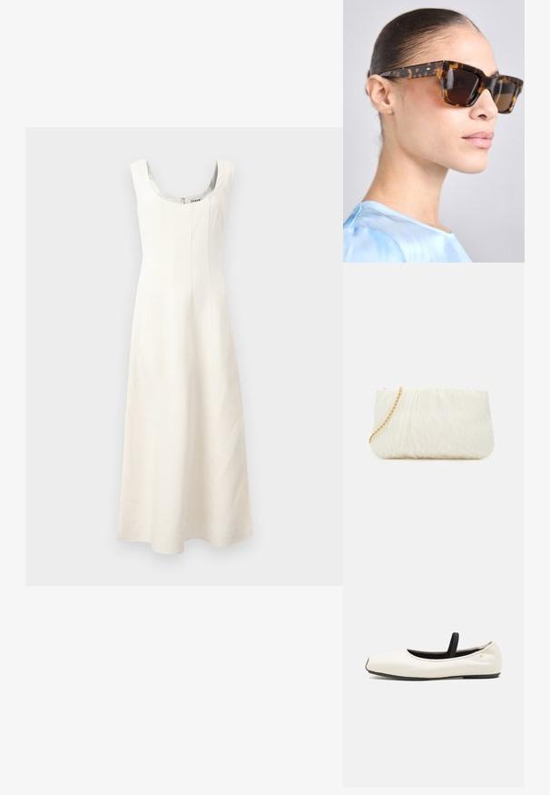 Rochie albă fără mâneci, cu decolteu rotund, corp ajustat și fustă fluidă. Prezintă cusături verticale și un fermoar ascuns la spate.; Pantofii de balet plata din piele albă, cu vârful rotunjit, curea elastică neagră și un mic emblemă aurie aproape de călcâi. Textură moale și design minimalist.; Ochelari de soare cu ramă rectangulară, groasă, din material tortoiseshell. Lentile întunecate și accente aurii pe brate. Finisaj lucios și neted.; Geantă de mână albă texturată, cu un design strâns, având o curea de lanț aurie. Finisaj neted cu valuri subtile și margini rotunjite.; Cercei din perlă argintie cu o formă curbată, asemănătoare unei boabe. Suprafață netedă și strălucitoare, asigurată cu un sistem de fixare tip tijă și spate.