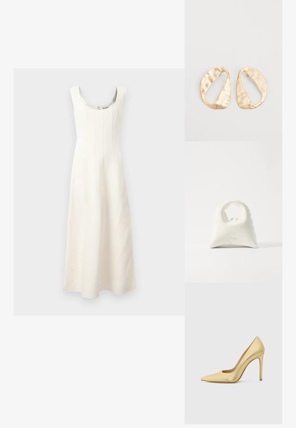 White sleeveless dress with a scoop neckline, fitted bodice, and flowing skirt. Features vertical seams and a concealed zipper at the back.; Gold metallic pointed-toe high heel shoe with stiletto heel, shown from the side on a plain light background.; White handbag with a textured, curved design. Features a prominent handle and a rounded bottom, with a smooth finish and minimal hardware.; Pair of irregular oval-shaped gold-toned metal earrings with a textured, slightly hammered surface on a white background.
