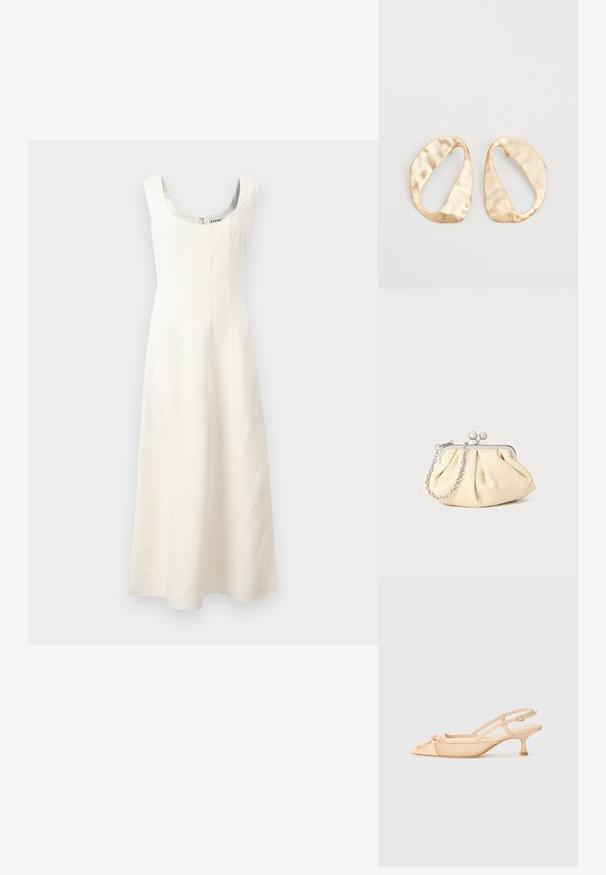 Vestido branco sem mangas com decote redondo, corpete ajustado e saia fluida. Apresenta costuras verticais e um fecho invisível nas costas.; Stuart Weitzman KITTY - Saltos clássicos - beige/barely beige; Clutch de couro bege plissado com uma estrutura de metal prateado, apresentando dois fechos decorativos redondos e uma alça de corrente prateada.; Par de brincos irregulares em forma oval, feitos de metal dourado, com uma superfície texturizada e ligeiramente martelada, sobre um fundo branco.