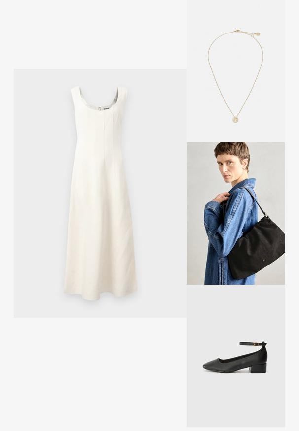 Balta bez piedurknēm kleita ar apaļu izgriezumu, pieguļošu augšu un plūstošu svārku. Iekļauj vertikālas šuves un slēpto rāvējslēdzēju aizmugurē.; Melnas ādas sūkņi ar smailu purngalu un zemu bloku papēdi. Iezīmēts ar potītes siksniņu ar zelta krāsas sprādzi. Gluda tekstūra.; Melna zamšāda sajūgs ar mīkstu, strukturētu formu, ar plānu ādas siksniņu un smalku zīmola logotipu. Modelis valkā džinsu jaku.; Zelta kaklarota ar delicātu ķēdi un apaļu piekari, rotātu ar mazām, iemontētām dārgakmeņiem, kas uzsver tās starojošo izskatu.; Zelta kaklarota ar delicātu ķēdi un apaļu piekari, rotātu ar mazām, iemontētām dārgakmeņiem, kas uzsver tās starojošo izskatu.