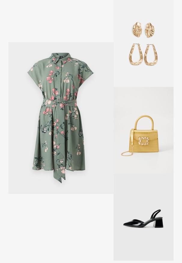 Vestido camisa em tecido verde com estampa floral em rosa e verde escuro. Apresenta mangas curtas e um detalhe de cintura atada.; Sandy em verniz preto com salto slingback, ponta afilada e salto geométrico. Apresenta um design elegante e minimalista com textura suave.; Bolsa amarela em pele de crocodilo falsa, com um design estruturado, pega no topo, alça de corrente removível e decoração de cristal no fecho.; Brincos em tom de ouro com formas onduladas e texturizadas. Inclui studs escultóricos com presilha e um design de argola aberta com um acabamento martelado.