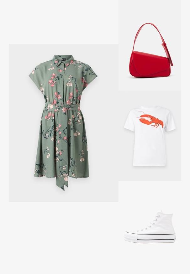 Abito camicia verde in tessuto con stampa floreale in rosa e verde scuro. Presenta maniche corte e una cintura annodata in vita.; T-shirt bianca in cotone con una grande grafica di aragosta rossa brillante sul davanti. Maniche corte e design con colletto rotondo standard.; Sneaker alta in tela bianca con suola in gomma nera, punta in gomma frontale e sei asole per i lacci, caratterizzata da un design pulito e minimalista.; Borsa a tracolla in pelle rossa con un design angolare e geometrico. Presenta una singola tracolla regolabile e una chiusura a patta con dettagli cuciti.