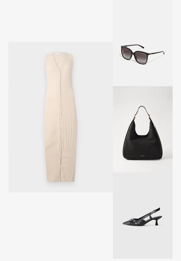 Bežinė megzta suknelė su V formos iškirpte, be rankovių ir mygtukų priekyje. Medžiaga turi tekstūruotą raštą ir grindis siekiančią siluetą.; Juodas odinis slingback tipo batai su smailiu priekiniu atvartu, dekoratyvinėmis sagtimis su metaliniais akyčiais ir žemu blokiniu kulnu. Saldus paviršius.; Juodos stačiakampės saulės akinės su gradientiniais lęšiais, plastikiniu rėmu ir metaliniu logotipo akcentu ant šventyklos. Klasikinis dizainas su lygiu paviršiumi.; MICHAEL Michael Kors NOLITA HOBO  - Rankinė - black