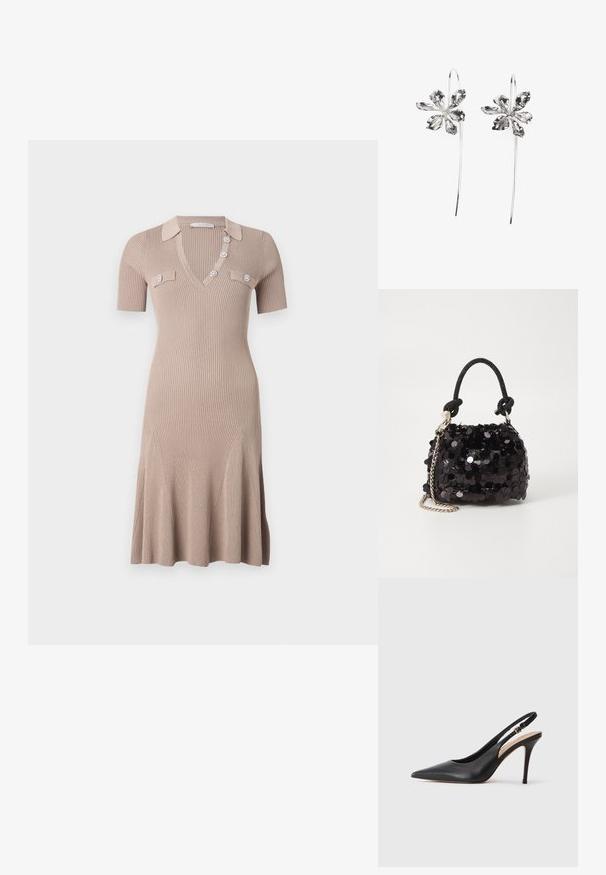 Rochie tricotată într-o nuanță bej deschis, cu decolteu în V, mâneci scurte și butoane decorative. Poale flared cu o textură verticală în dungi și buzunare frontale.; Pantofii cu toc înalt din piele neagră, cu vârf ascuțit, textură netedă și o curea delicată cu o cataramă metalică.; Geantă mini neagră cu paiete, cu un umar texturat înnodat și un lanț argintiu. Formă rotundă cu partea de sus adunată și detalii reflectorizante.; Cercei argintii în formă de floare cu un finisaj texturat, având cârlige lungi și detalii asemănătoare petalelor pentru un design complex.