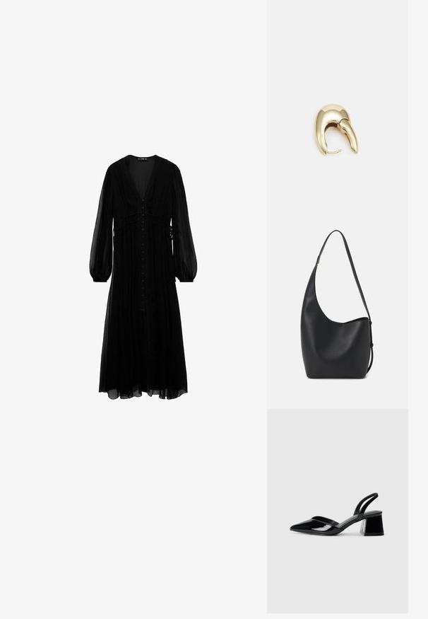 Sort maxi-kjole lavet af gennemsigtigt stof, med lange ærmer, dyb V-hals, knaplukning foran og rynkede detaljer ved taljen.; Sorte patentlæder slingback hæle med spids tå og en geometrisk blok hæl. Har et elegant, minimalistisk design og en glat tekstur.; Sort læder hobo taske med en glat overflade, buet form og en enkelt justerbar rem; har en bred åbning øverst.; Guldtonet metal ørering med et slankt, buet design. Har en karakteristisk spids form, poleret overflade og hængselåbning.