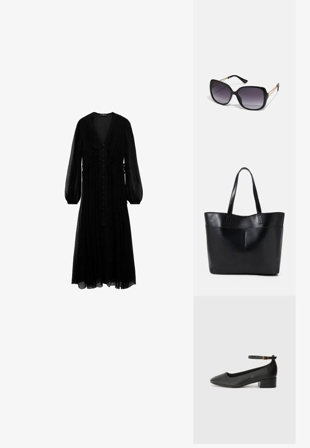 Črna maksi obleka iz prosojnega materiala, z dolgimi rokavi, globokim V-izrezom, gumbnimi zaponkami na sprednji strani in nabranimi detajli v pasu.; Črne usnjene pumpice z nazobčanimi prsti in nizko blokasto peto. Imajo trak okoli gležnja z zaponko v zlatem tonu. Gladka tekstura.; Črne prevelike sončne očala z degradacijskimi lečami, debelimi okvirji in zlatimi verižicami na ročajih.; Črna usnjena torba z dvema dolgima ročajema, gladko teksturo in strukturirano obliko. Ima sprednji žep za dodatno shranjevanje.