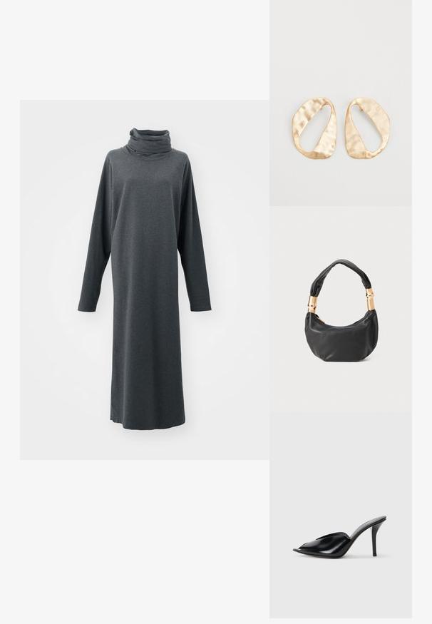 Dlouhá, tmavě šedá šaty vyrobená z měkké tkaniny. Má šálu kolem krku a dlouhé rukávy. Rovný střih s minimalistickým designem.; Černé kožené vysoké muly s otevřenou špičkou, špičatým designem, hladkým povrchem a štíhlým jehlovým podpatkem.; Černá kožená kabelka s kulatým tvarem, měkkou texturou a uzlovou rukojetí se zlatými kovovými detaily. Zapínání na zip.; Pár nepravidelných oválných náušnic z kovu pozlaceného zlatem s texturovaným, mírně kladivkovým povrchem na bílém pozadí.