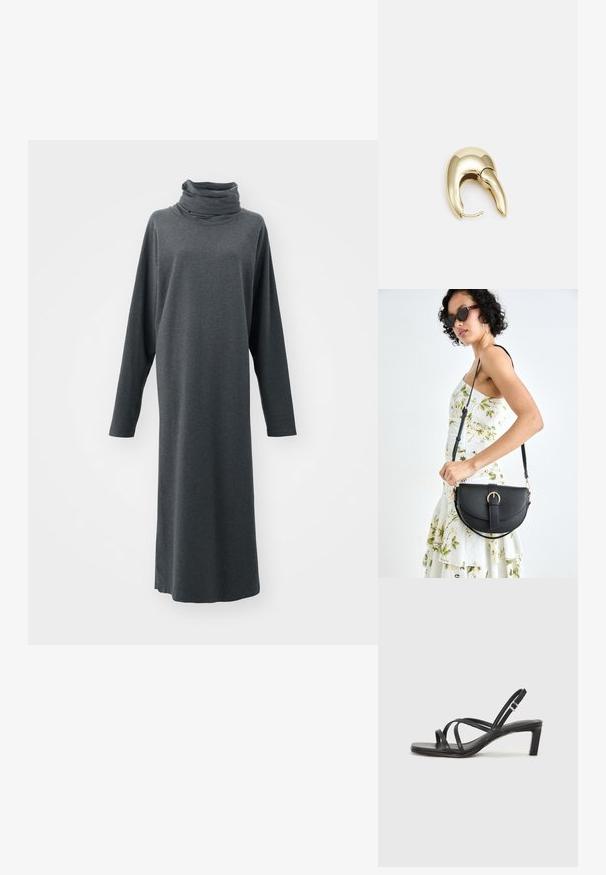 Dlouhá, tmavě šedá šaty vyrobená z měkké tkaniny. Má šálu kolem krku a dlouhé rukávy. Rovný střih s minimalistickým designem.; Černé sandály na tenkém podpatku se čtveratou špičkou a nízkým blokovým podpatkem. Mají několik tenkých popruhů a nastavitelné zapínání okolo kotníku. Vyrobeny z hladké kůže.; Černá kožená kabelka s křivkovým tvarem, odnímatelným popruhem a zlatými detaily. Kabelka má klopu s přezkou.; Náušnice ve zlatém tónu z kovu s elegantním zakřiveným designem. Vyznačují se jedinečným špičatým tvarem, lesklým povrchem a závěsem na kloub.