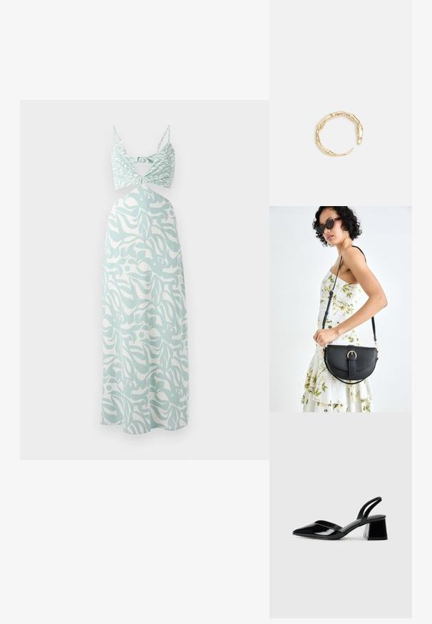 Mint zelena maksi obleka z zavitim vrhom bustier, ki ima abstrakten bel vzorec po celotni obleki in tanke nastavljive naramnice.; Črne lakirane slingback pete s koničastim nosom in geometrijsko blokasto peto. Imajo eleganten, minimalističen dizajn in gladko teksturo.; Črna usnjena torbica s ukrivljeno obliko, z odstranljivo naramnico in zlatimi dodatki. Torbica ima pokrov s podrobnostmi v obliki zaponke.; Zlati prstan s organskim, zvitim dizajnom, gladko površino in taperiranimi konci, ki ustvarja modernega, skulpturalnega videza.
