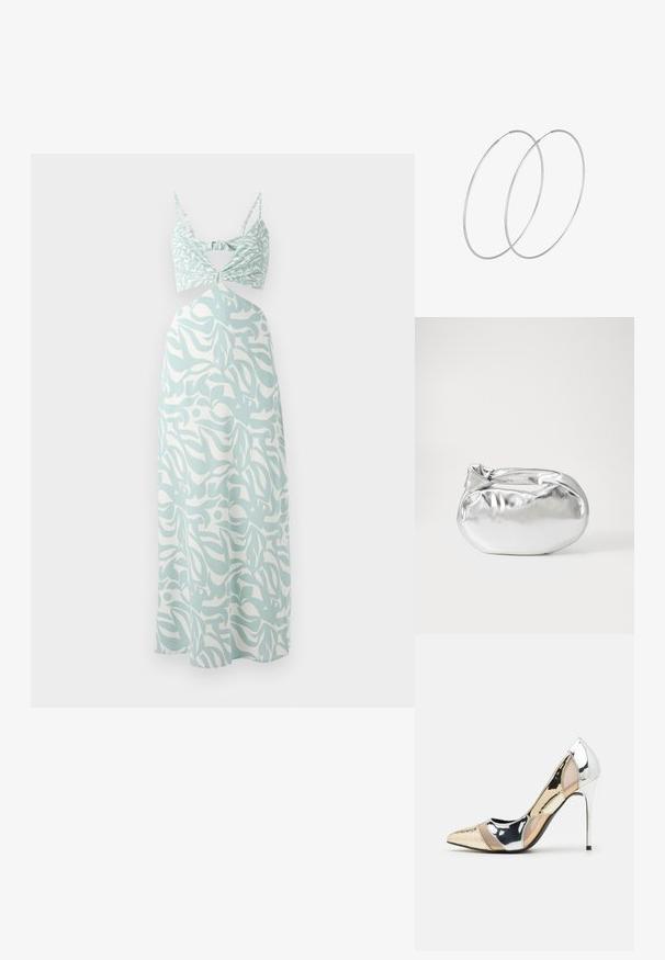 Mintgrünes Maxikleid mit einer verknoteten Bustier-Oberteil, das ein abstraktes weißes Muster aufweist und dünne, verstellbare Träger hat.; Spitz zulaufender High-Heel-Schuh in einer Farbgestaltung aus Silber, Gold und Nude. Glänzende Oberfläche mit Ausschnittdesign und stiletto Absatz.; Silberne metallic Pouch-Tasche mit einer sanften, abgerundeten Form und einem geknoteten Verschluss oben. Hergestellt aus glattem Kunstleder.; Silberne Creolen mit minimalistischem Design. Rundform, glatte Oberfläche und dünnes Profil. Leichtgewichtig mit hochglänzender Oberfläche.