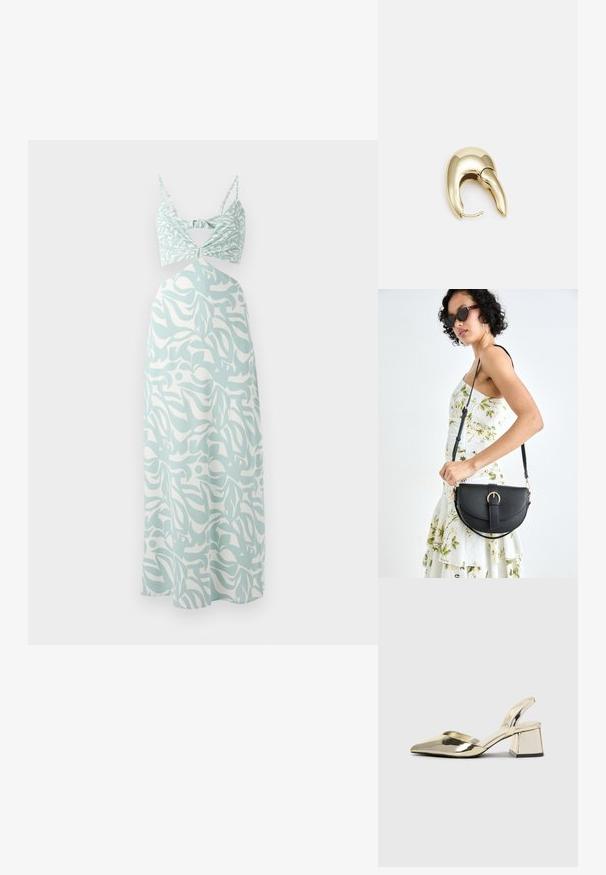 Mintgrünes Maxikleid mit einer verknoteten Bustier-Oberteil, das ein abstraktes weißes Muster aufweist und dünne, verstellbare Träger hat.; Goldene, metallische Slingback-Absätze mit spitzem Zeh und dicker Ferse. Glatte Textur, minimalistisches Design und ein schmaler Riemen.; Schwarze Lederhandtasche mit geschwungener Form, abnehmbarem Tragegurt und goldenen Beschlägen. Die Tasche verfügt über einen Deckel mit einer Schnallen-Details.; Ohrringe aus goldfarbenem Metall mit einem schlanken, geschwungenen Design. Sie verfügen über eine markante, spitze Form, eine polierte Oberfläche und einen Scharnierverschluss.