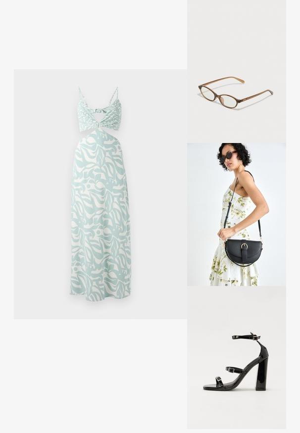 Minti zaļš maksi kleita ar mezglotu busteri augšu, kurai visā virsmā ir abstrakts balts raksts un plāni regulējami plecu siksnas.; Melnas lakotas augstpapēžu čības ar kvadrāta purngalu, potīšu siksniņām un sudraba sprādzēm. Aprīkotas ar masīvu bloku papēdi stabilitātei.; Brūnas bruņurupuču čuguna brilles ar ovālām lēcām, plānām kājām un caurspīdīgām akcentiem. Uz tempļa ir smalka logo. Sleek, viegla konstrukcija.; Melnas ādas rokassoma ar izliekta formu, noņemamu siksnu un zelta aksesuāriem. Somai ir vāciņš ar sprādzes detaļu.