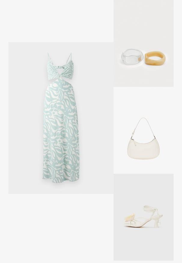 Duga mint zelena haljina s čvorastim bustier vrhom, koja ima apstraktni bijeli uzorak kroz cijelu haljinu i tanke podesive naramenice.; Bijela sandala na visokoj potpetici s otvorenim prstima. Ima dekorativni akcent u obliku žutog latica i vitki dizajn narukvice oko gležnja.; Bijela kožna torbica s ravnim oblikom, podešivim remenom i zatvaranjem na vrhu sa zipom. Glatka tekstura s minimalnim detaljima od hardvera.; Bistre i prozirni prstenovi od smole, jedan glatki i proziran, a drugi s teksturiranim, bistrim završetkom. Obojica imaju zaobljene, masivne dizajne.