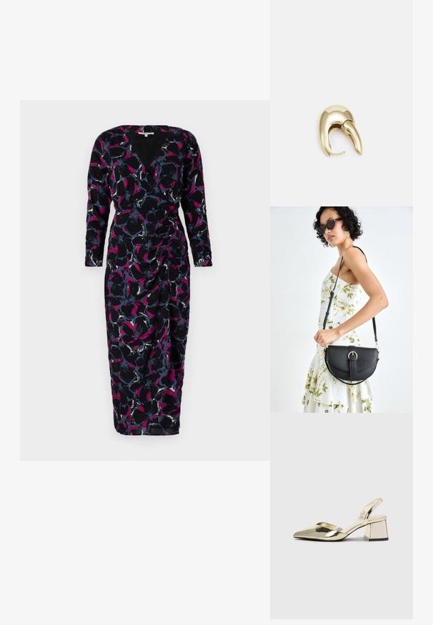 Blomsterinspirerad omlottrutin med långa ärmar, djup V-ringning, i svart med lila och blå blommönster. Mjuk textur och figurnära silhuett.; Guld, metalliska slingback-klackar med spetsig tå och chunky klack. Slät textur, minimalistisk design och en smal rem.; Svart läderhandväska med en böjd form, avtagbar rem och guldiga detaljer. Väskan har ett lock med en spänndetalj.; Örhänge i guldtonad metall med en elegant, böjd design. Har en distinkt spetsig form, polerad yta och gångjärnslås.