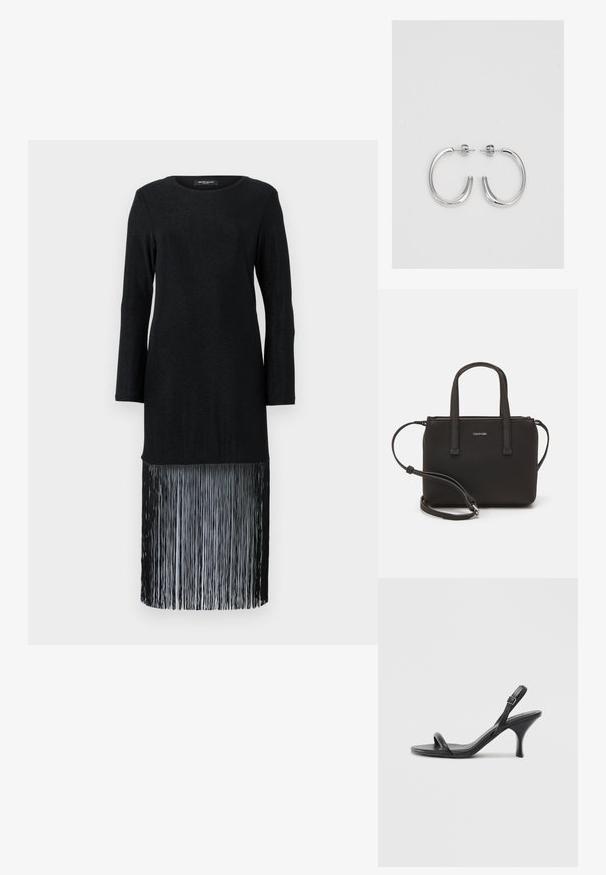 Must musträpiga musta kleit, millel on tahke ülemine osa ja frantsiine äär. Kanga peal on kerge sära, mis loob tekstuuri kontrasti frantsiini detailiga.; Mustad nahast kõrgete kontsadega sandaalid, millel on saledad, kõverad kontsad ja ristatud rihma disain. Reguleeritav pahkluu rihm. Sile tekstuur.; Musthave mustrans vöö ja eemaldatav õlarihm. Gludike nahk siledaga, millel on tõmblukk ja logo detail.; Hõbedased rõngaskõrvarõngad, millel on sile ja läikiv pind. Ümar kuju, kerge disain, millel on post-tagumise kinnituse süsteem.