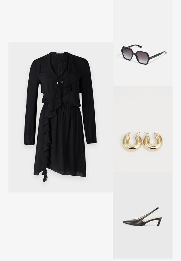 Patrizia Pepe ABITO DRESS - Kjole - nero; Svart spiss tå slingback-sko med lav hæl, laget av jevnt skinnmateriale og med utskåret design på siden for pusteevne.; Svart sekskantede solbriller med gradientlinser, med en blank finish og subtil merkevareføring på stangen. Slitesterk plastkonstruksjon.; Gullring med en jevn, avrundet form og blank finish, utstyrt med en lås for feste. Gravet med "DKNY."