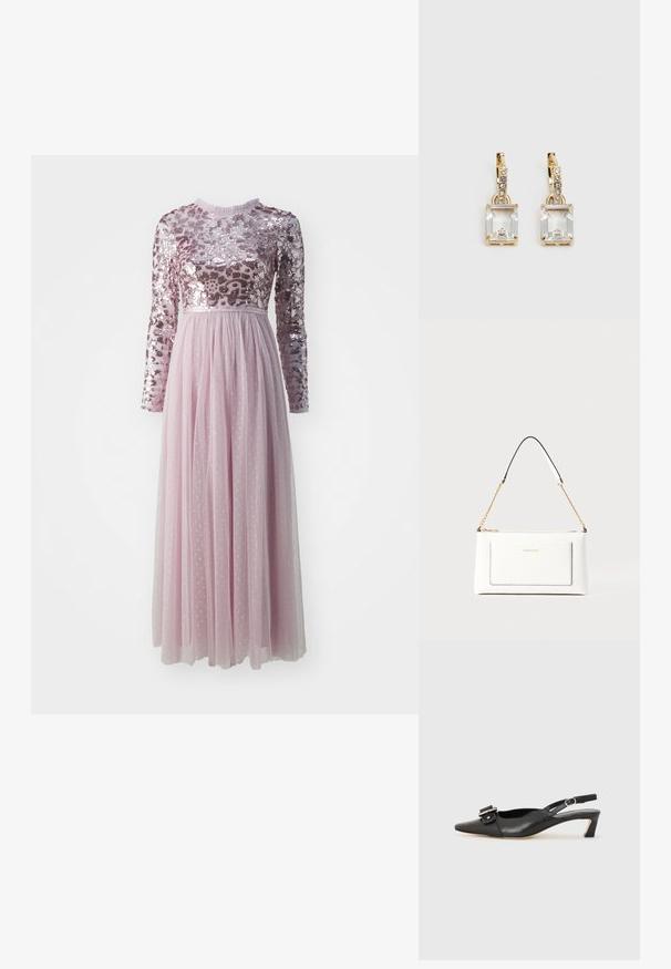 Needle & Thread TEMPEST BODICE ANKLE GOWN - Oblačila za posebne priložnosti - mauve; Črne usnjene slingback čevlje z ostrim nosom, majhnim petam in dekorativno sponko na zgornjem delu. Gladka tekstura, minimalistična zasnova.; Bela usnjena torbica z teksturirano površino, ki vključuje zlat pas in črne detajle. Ima sprednji žep in zadrgo.; Zlato obarvani uhani, ki vsebujejo pravokoten, prozoren kristal, obešen pod vrsto majhnih, okroglih prozornih dodatkov. Elegantna, moderna zasnova.